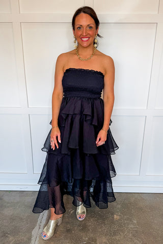 Save The Date Tiered Midi Dress in Black