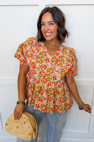Sunset Bloom Ruffle Top in Coral