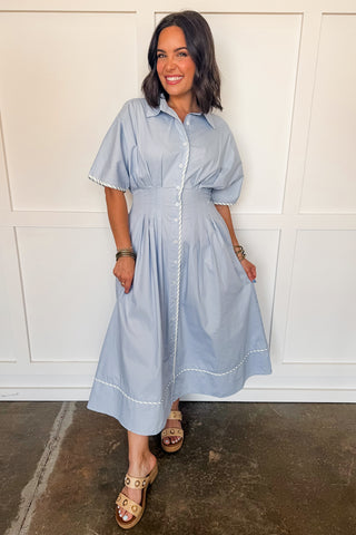 Uptown Charm Button Front Midi Dress in Light Blue