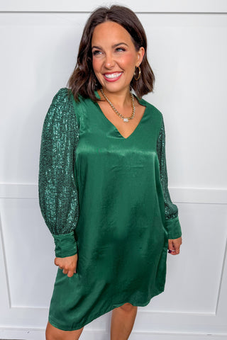 The Jordan Sequin Sleeve Green Dress by Michelle McDowell
