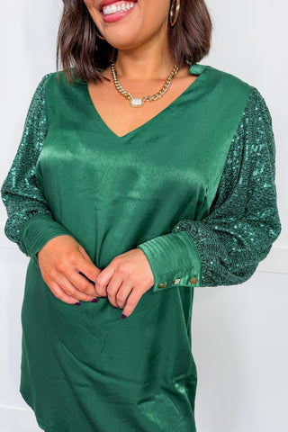 The Jordan Sequin Sleeve Green Dress by Michelle McDowell