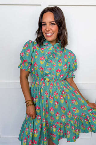 The Juliette Knee Length Dress in Mint/Coral Floral