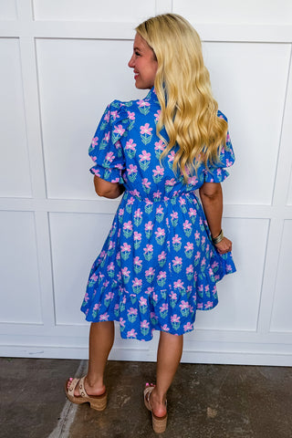 The Juliette Knee Length Dress in Blue/Pink Floral