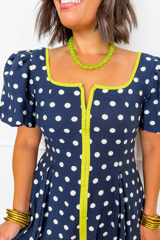 Nina's Navy Polka Dot Midi Dress With Lime Green Trim
