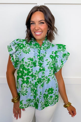 The Charlotte Floral Eyelet Top in Blue