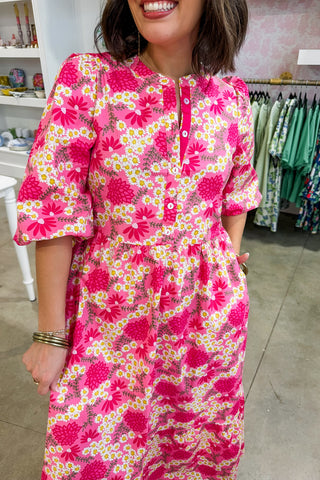 The Riley Midi Dress in Pink Floral by Mary Square