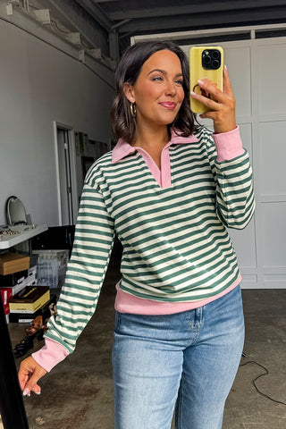 Changed for the Better - Green Long Sleeved Collared Striped Top with Pink Contrast