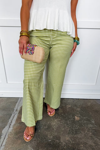 The Harper Gingham Wide Leg Trouser Pants in Matcha