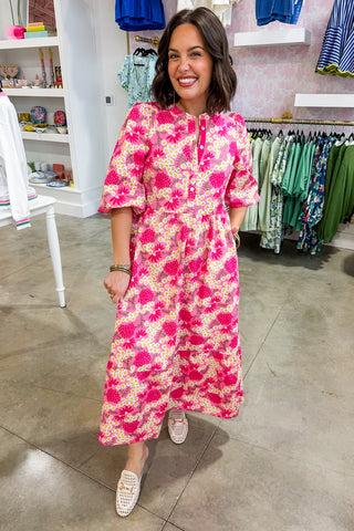 The Riley Midi Dress in Pink Floral by Mary Square