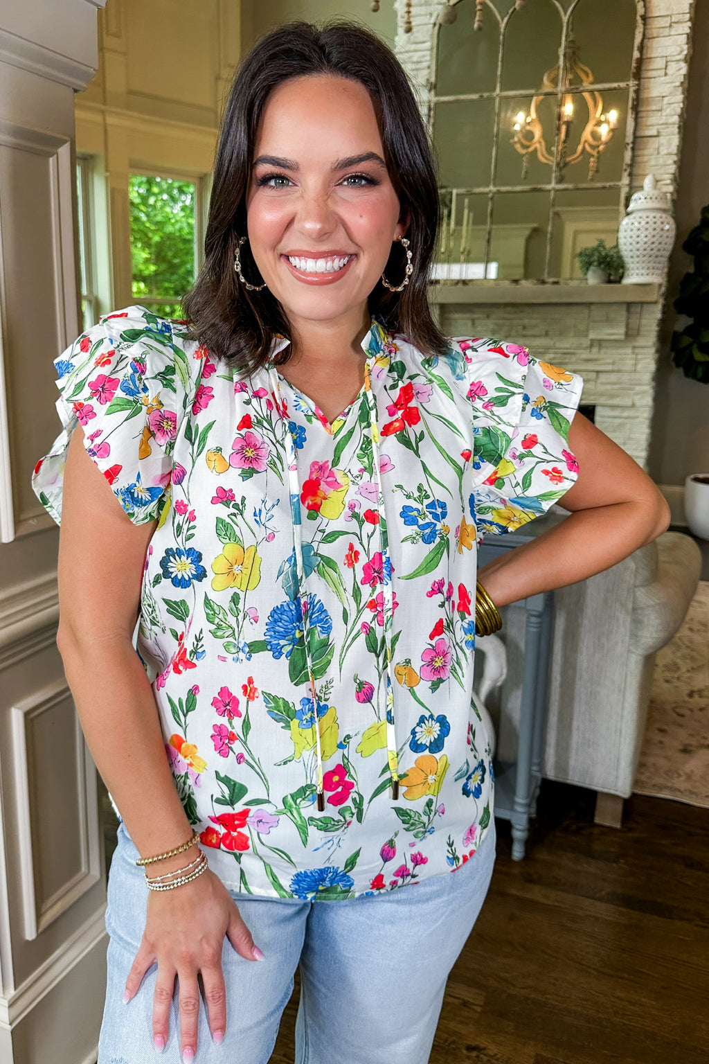 Floral Fantasy Tie Neck Ruffle Sleeve Top – Jules & James Boutique
