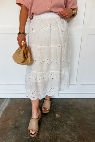 Eyelet Detail Elastic Waist Midi Skirt in White