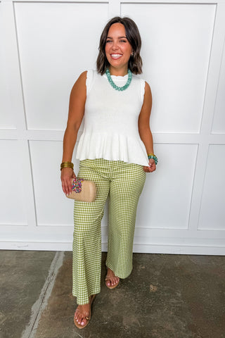 The Harper Gingham Wide Leg Trouser Pants in Matcha