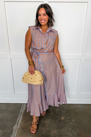 Story To Tell Stripe Wrap Asymmetrical Button Down Midi Dress in Orange