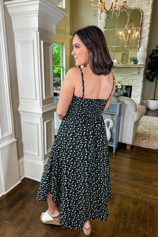 Black & White Floral Tie Front Adjustable Strap Midi Dress