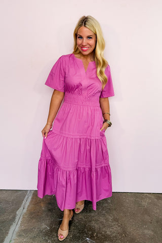 J&J Best Seller - Smocked Elegance Midi Dress in Mauve Pink