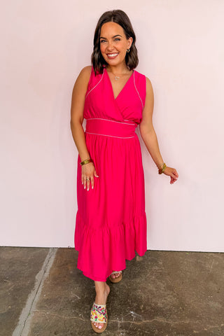Embroidered Stripe Trim Wrap Midi Dress in Hot Pink