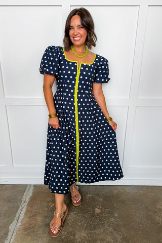 Nina's Navy Polka Dot Midi Dress With Lime Green Trim