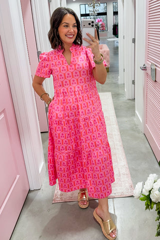 The Ivy Midi Dress in Rosette Charm Pink by Mary Square