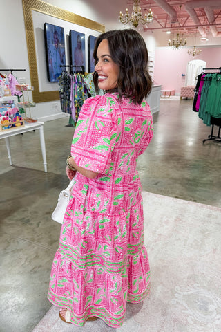 The Eloise Midi Dress in Trellis Tiles Pink by Mary Square