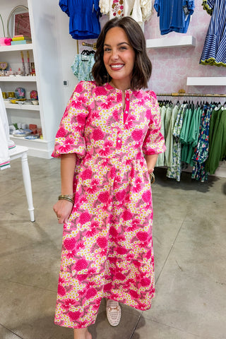 The Riley Midi Dress in Pink Floral by Mary Square