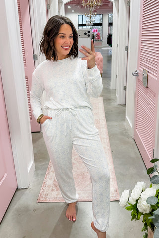 The Sophie Jogger Set in Palm Damask Light Blue by Mary Square