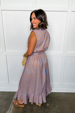 Story To Tell Stripe Wrap Asymmetrical Button Down Midi Dress in Orange