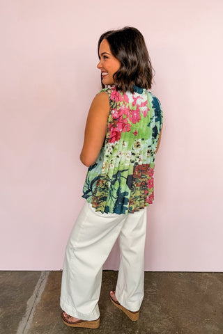 Bright Blooms Pleated Sleeveless Blouse