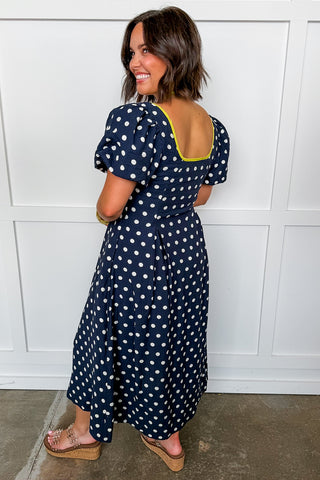 Nina's Navy Polka Dot Midi Dress With Lime Green Trim