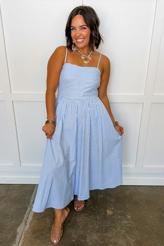 Sweet Escape Pin Stripe Midi Dress in Light Blue