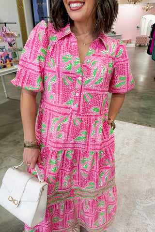 The Eloise Midi Dress in Trellis Tiles Pink by Mary Square