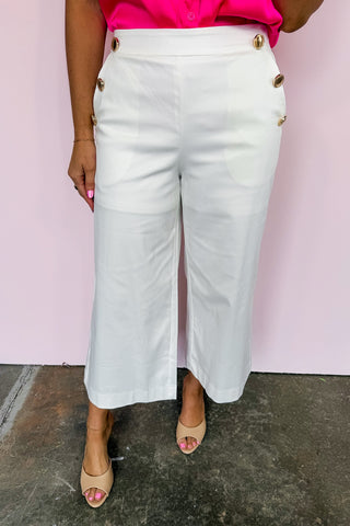 The Meredith Pants in Cream - Gold Button Cropped Pants