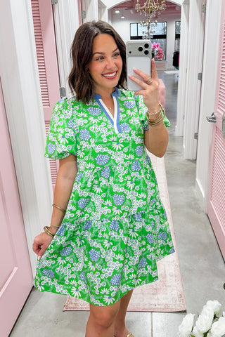 The Kinsley Mini Dress in Daisy Chain Green by Mary Square