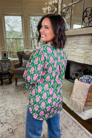 The Lizzy Smocked Short Sleeve Top in Green/Pink Floral