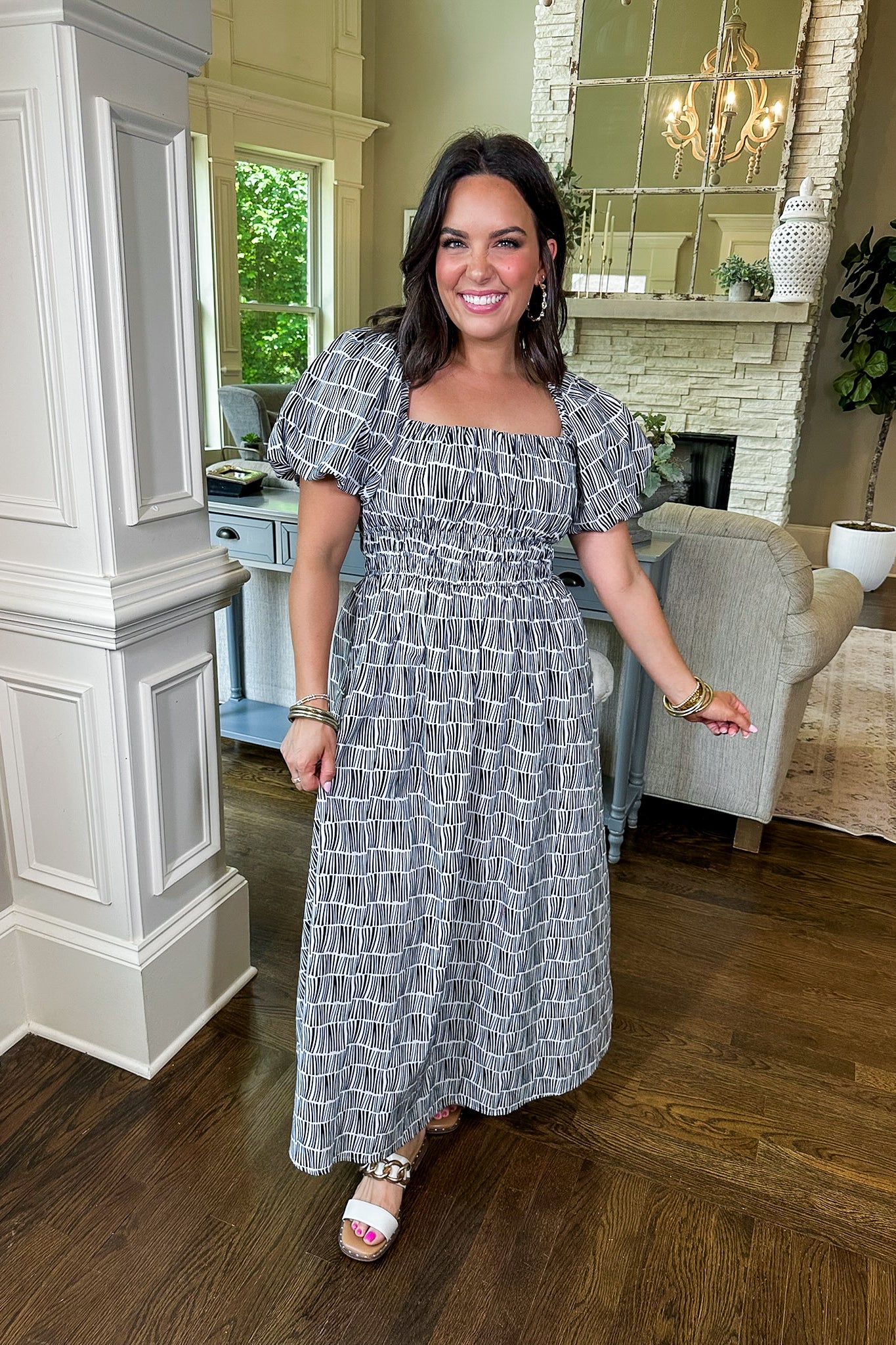 Balloon Sleeve Striped Geometric Print Elastic Waist Midi Dress in Bla Jules & James Boutique Balloon Sleeve Striped Geometric Print Elastic Waist Midi Dress in Bla Jules & James Boutique
