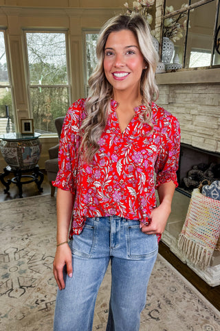 The Lizzy Smocked Short Sleeve Top in Red Floral