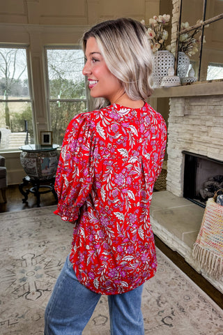 The Sail Away Notch Neck Top in Red Multi Floral