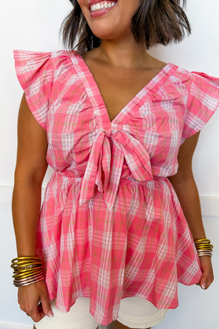 Sweetest Day Plaid Peplum Top in Coral