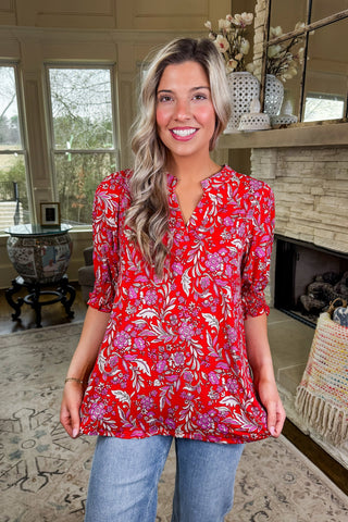 The Lizzy Smocked Short Sleeve Top in Red Floral