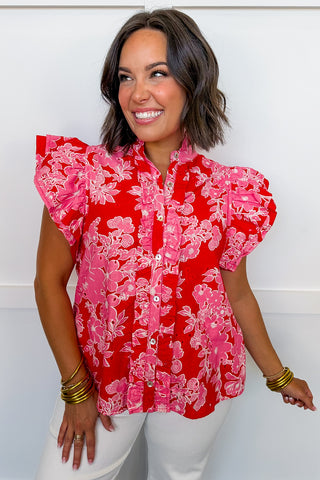 The Charlotte Floral Eyelet Top in Red