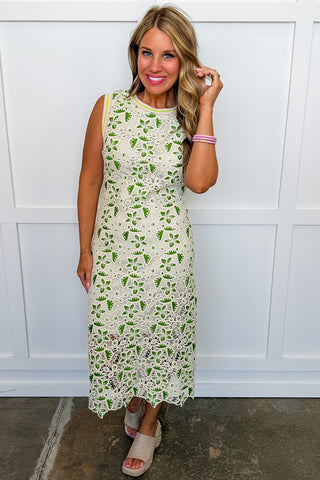 Meadowline Crochet Midi Dress in Green Large