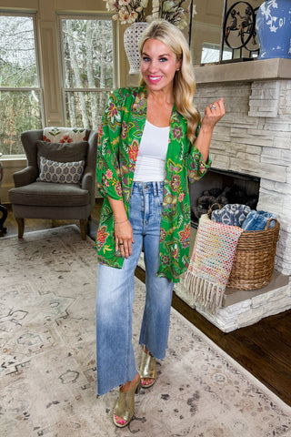 The Lizzy Cardigan in Green Paisley Floral