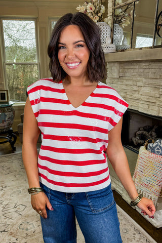 Sequins, Stripes & Everything Nice Tee in Red + Ivory Stripes