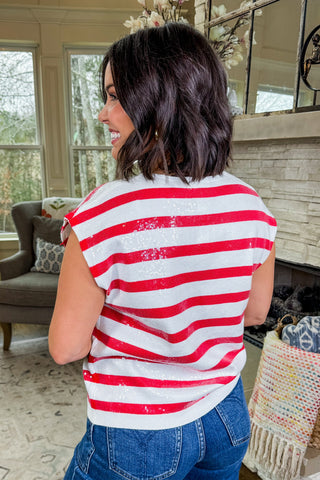 Sequins, Stripes & Everything Nice Tee in Red + Ivory Stripes