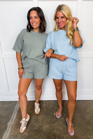 Cozy Club Stripe Lounge Short Set in Green