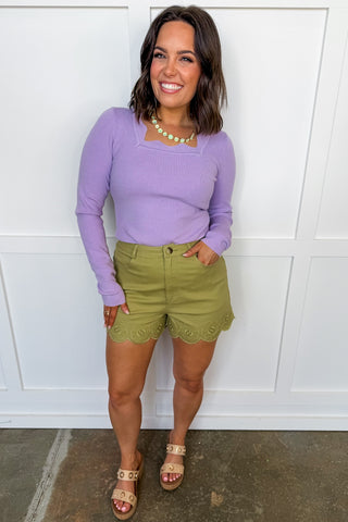 Sweet Scallop Eyelet Shorts in Light Olive