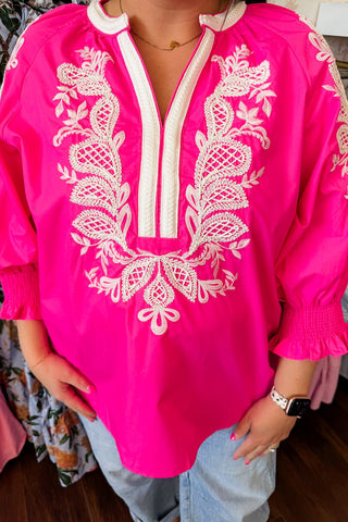 **PLUS ONLY** The Laurel Hot Pink Embroidered Top