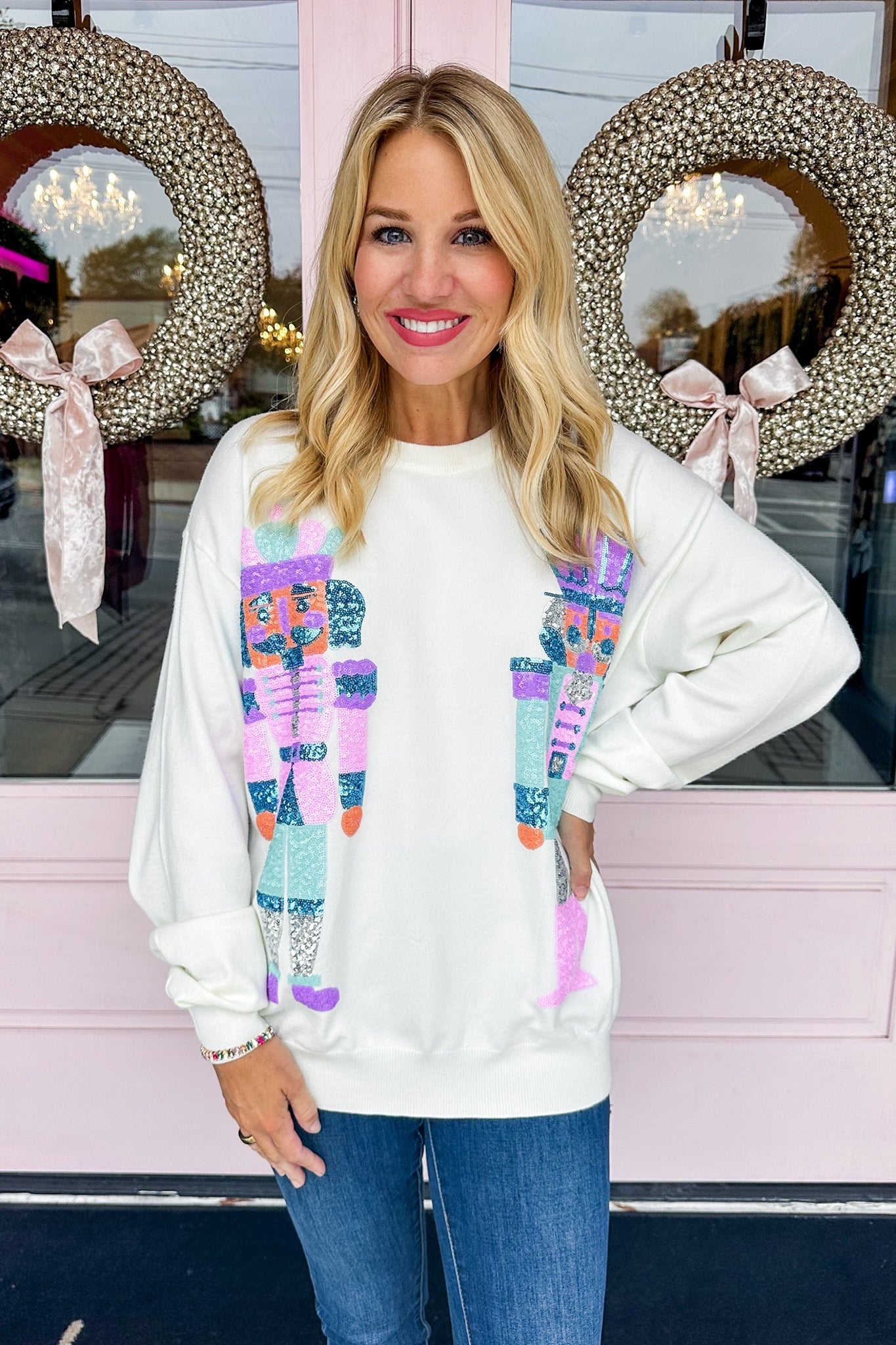 Pastel Color Sequin Nutcracker Cream Sweater