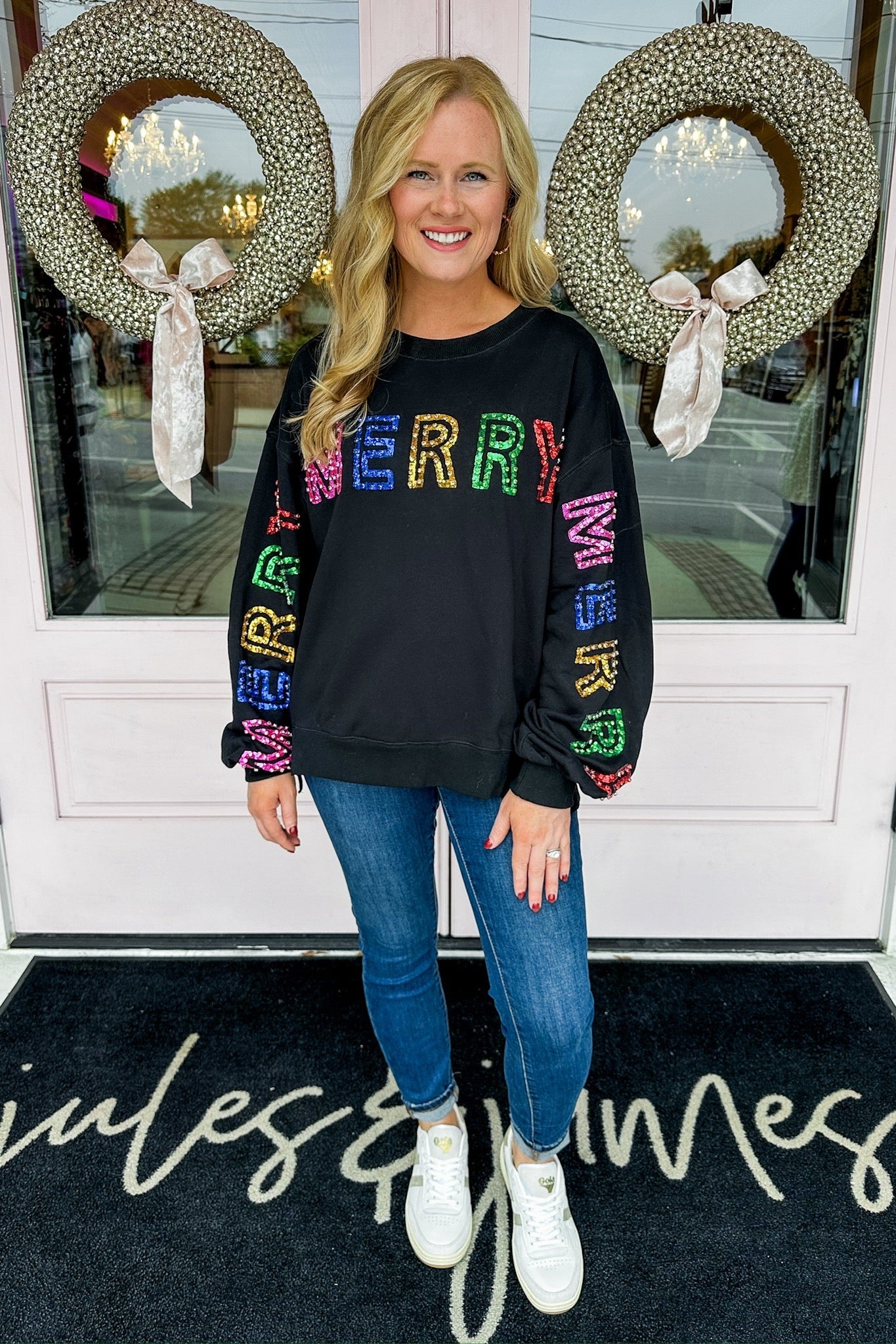 Multi Color Rhinestone & Sequin Merry Black Top