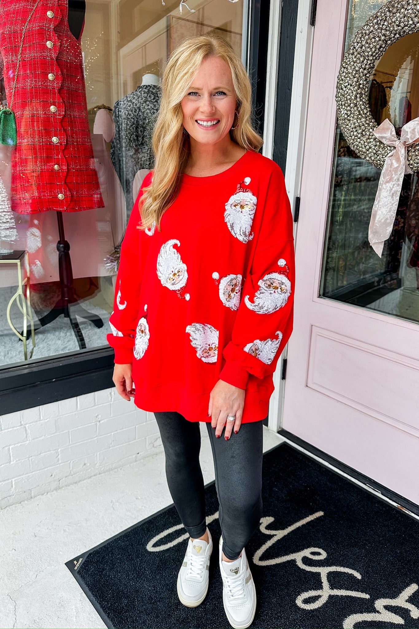 Oversized Sequin Santa Patch Long Sleeve Top in Red