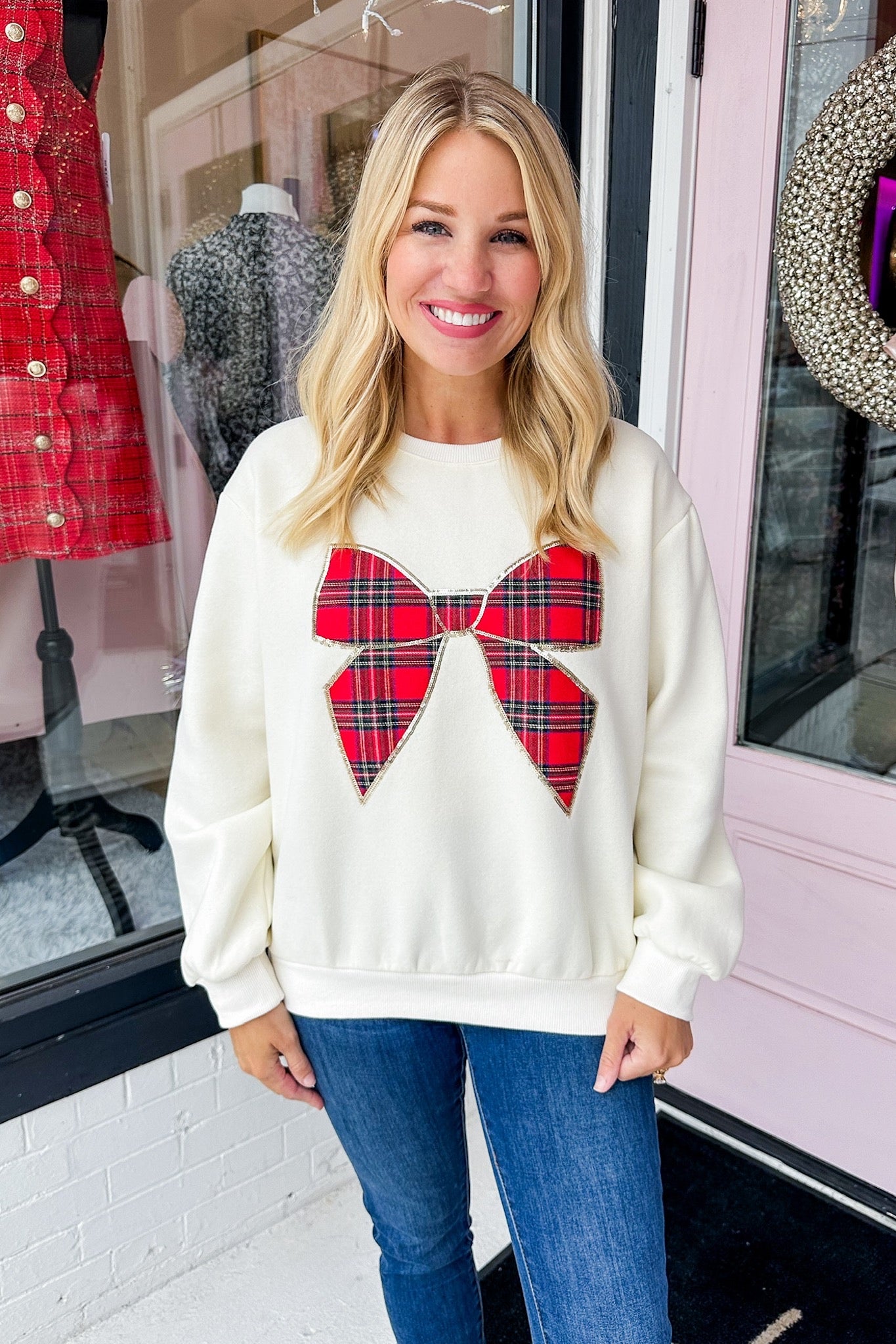 Sequin Outlined Tartan Plaid Coquette Bow Cream Sweater